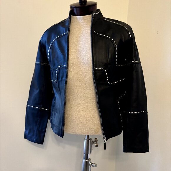 Pamela McCoy NWOT Size XS Black Genuine Leather Jacket, Full Front Zip - Picture 3 of 16